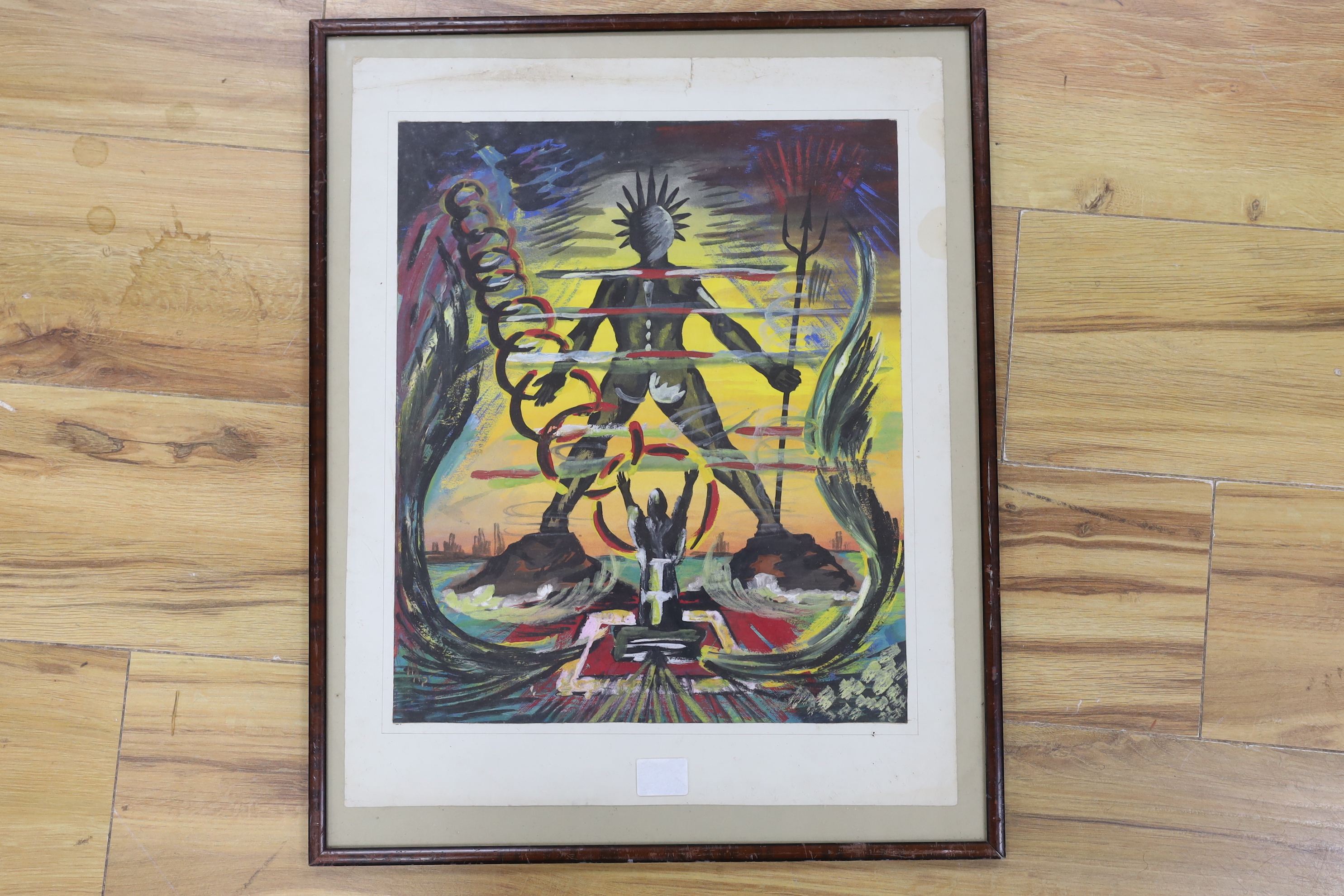 Helmut Andreas Paul Grieshaber (1907-1981), gouache on paper, Figure praying the Colossus of Rhodes, signed, 37 x 31.5cm